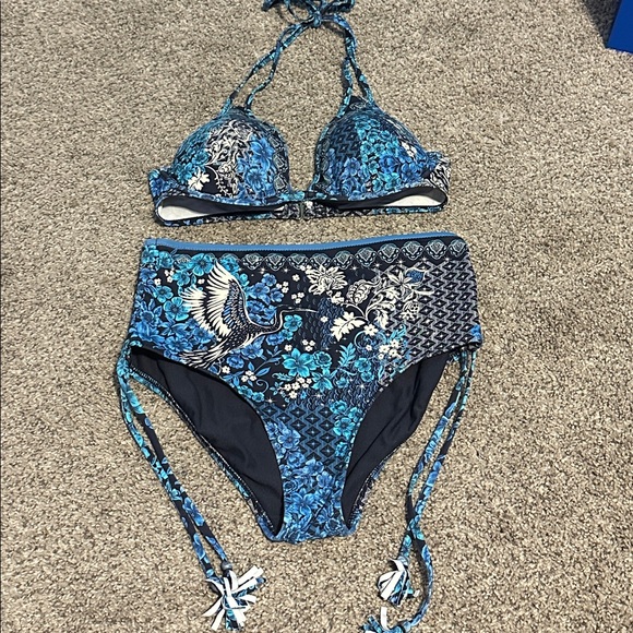 Johnny Was Blue Phoenix Halter Bikini Top and High Waist Bottom small - Picture 2 of 6